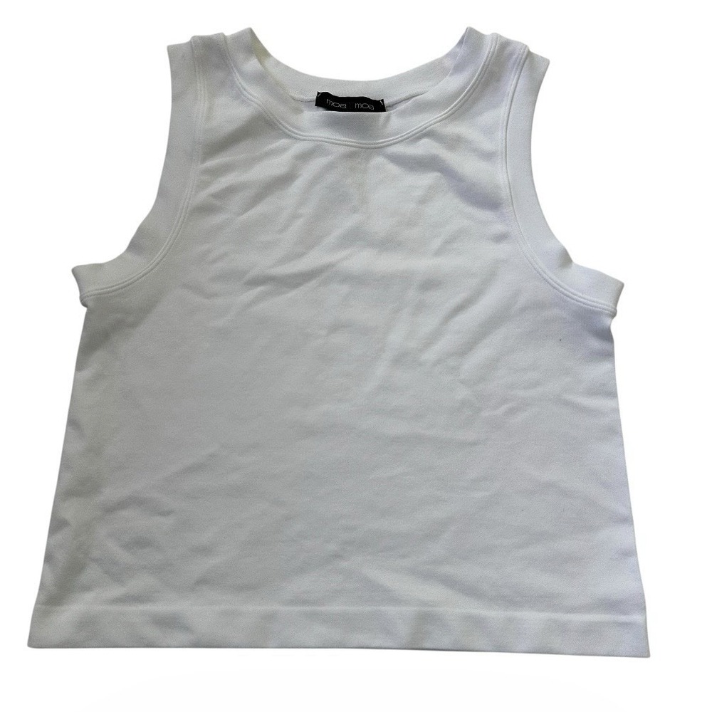 Moa Moa Women's White Solid Crop Tank Top Round Neck Sleeveless One Size | 58-6